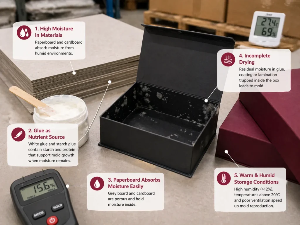 Industrial packaging scene showing cardboard, glue, and moisture meter highlighting the key causes of mold growth on gift boxes.