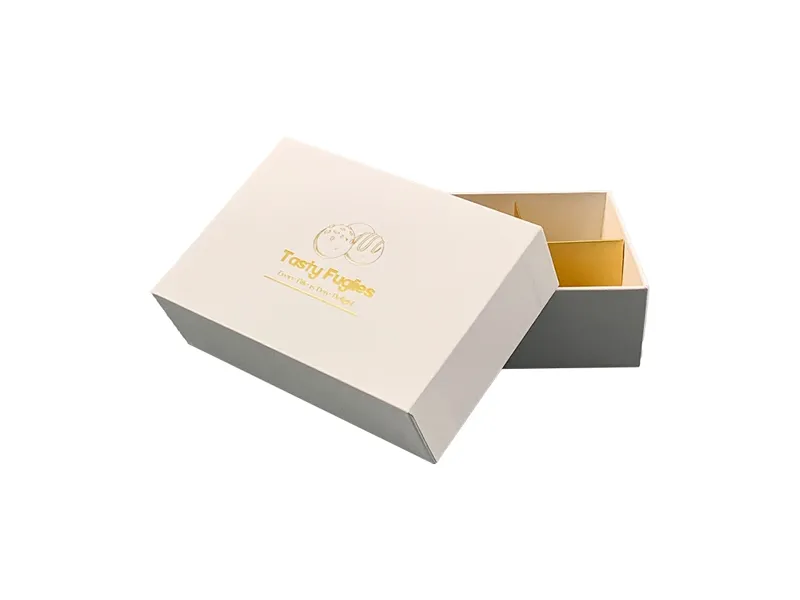 Cream rigid lid and base gift box with gold foil logo and separate top and base
