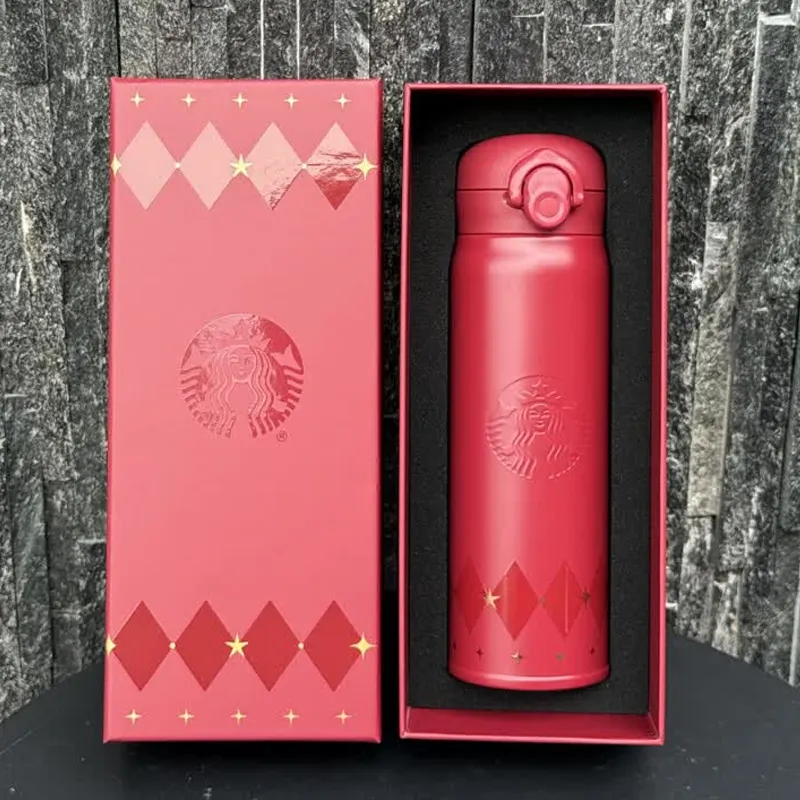 Red thermos cup in a custom 2-piece rigid box with black foam insert and decorative foil pattern
