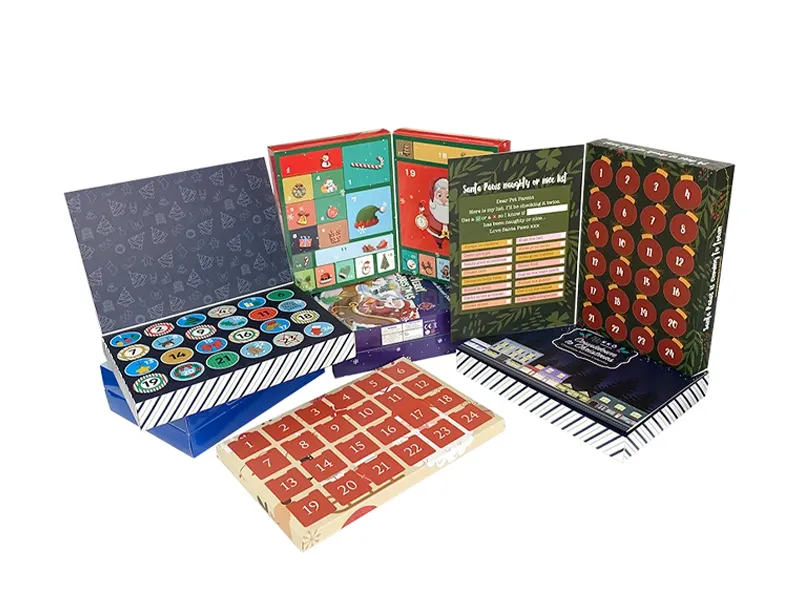 Custom advent calendar packaging in multiple styles, including folding, book-style, and gift box designs for chocolates, beauty products, and holiday gifts.