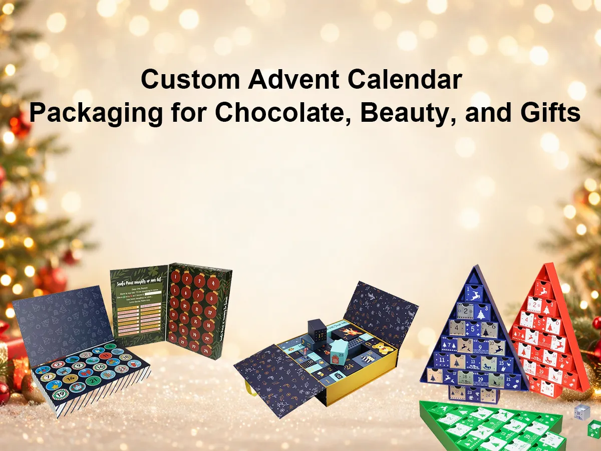 Custom advent calendar packaging banner with Christmas background and multiple box styles for chocolate, beauty, and gifts