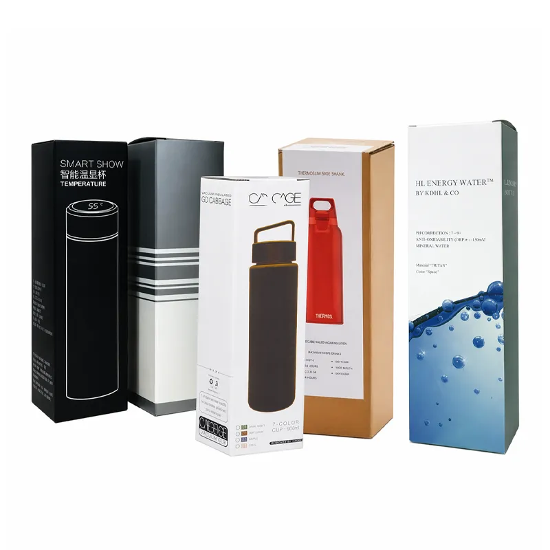 Assorted custom printed cardboard thermos cup boxes in tall folding carton packaging styles