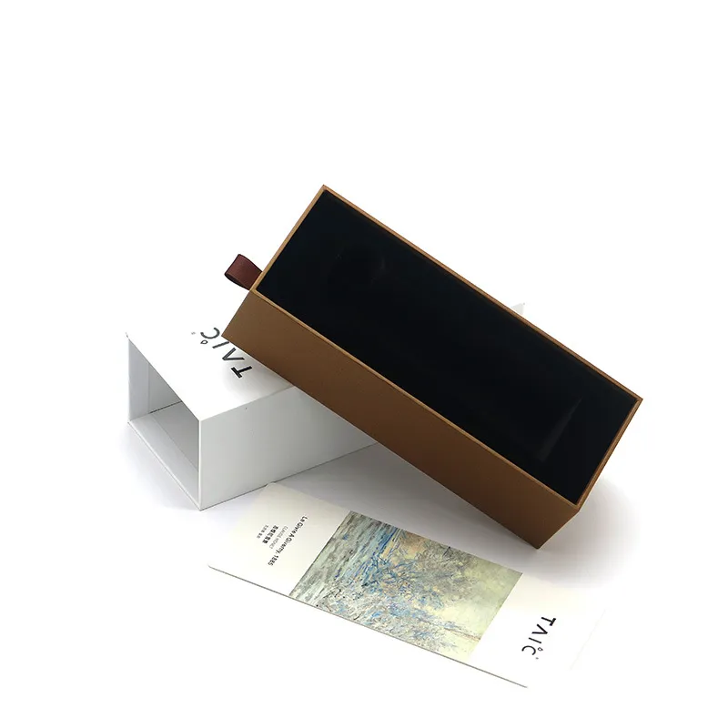 Custom drawer box for thermos cup packaging with pull-tab sleeve and black inner tray