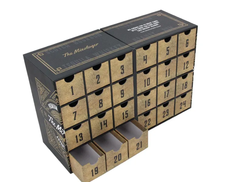 Custom drawer-style advent calendar box with 24 numbered compartments for premium holiday packaging