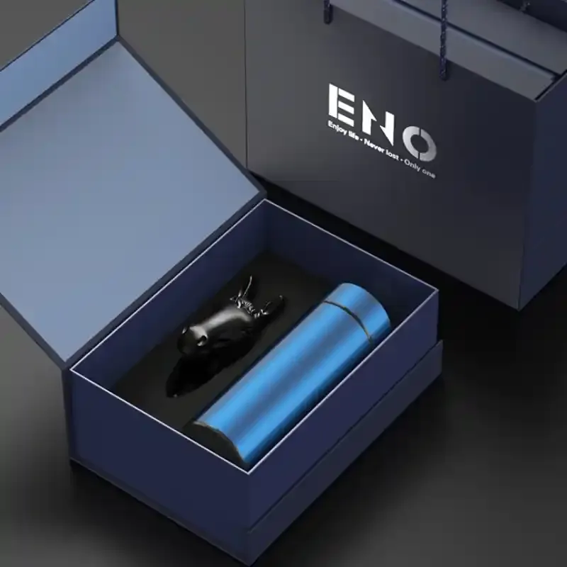 Blue thermos cup gift set in a custom magnetic rigid box with black EVA insert