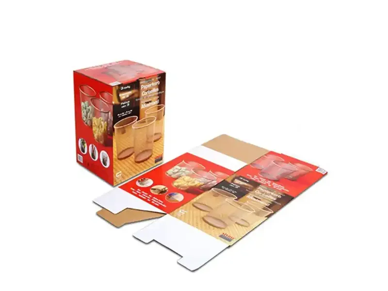 Red snap-lock bottom box shown assembled and flat for printed glassware packaging