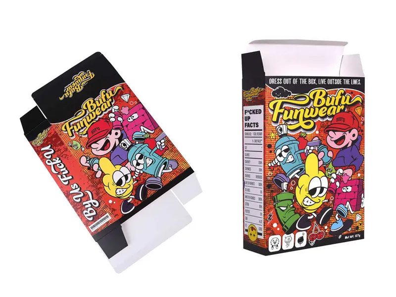 Colorful custom tuck end box shown flat and assembled for retail food packaging