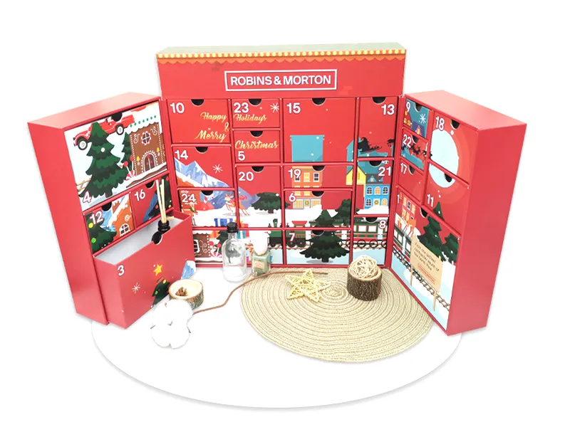 Custom red advent calendar box with double doors and numbered compartments for Christmas gifts or promotional items