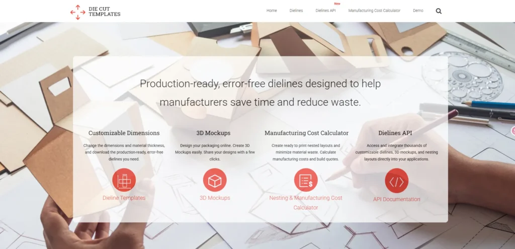 Die Cut Templates homepage showing production-ready dielines, 3D mockups, manufacturing cost calculator, and nesting tools for packaging design.