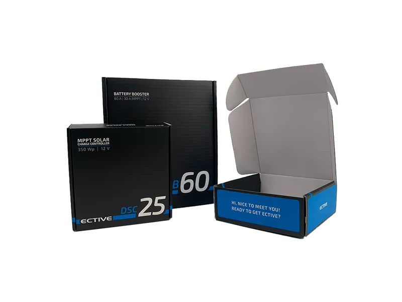 Black corrugated mailer box for electronics packaging shown assembled and open
