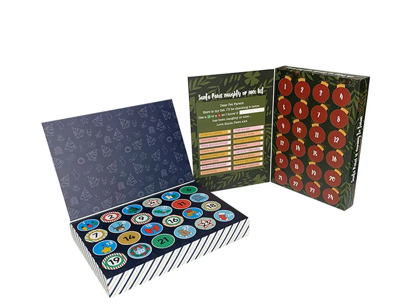 Flip-top folding advent calendar box with insert and numbered compartments for holiday gifts or chocolates