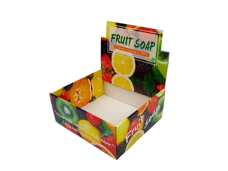 Colorful fruit soap display box with open header card for retail shelf presentation