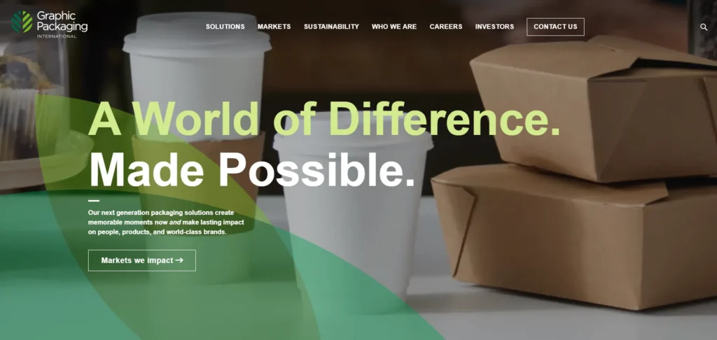 Graphic Packaging International homepage showing paper cups and takeaway food containers.