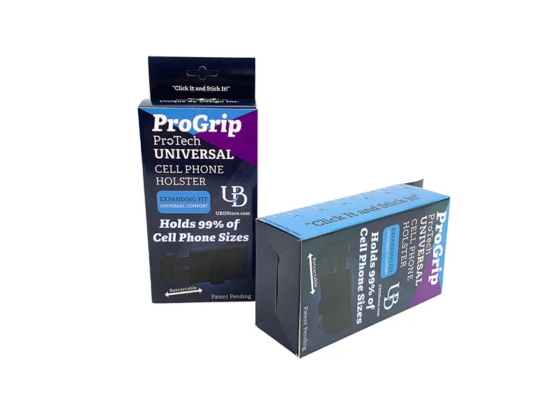 Tall snap-lock bottom box for cell phone holster packaging with hanging tab