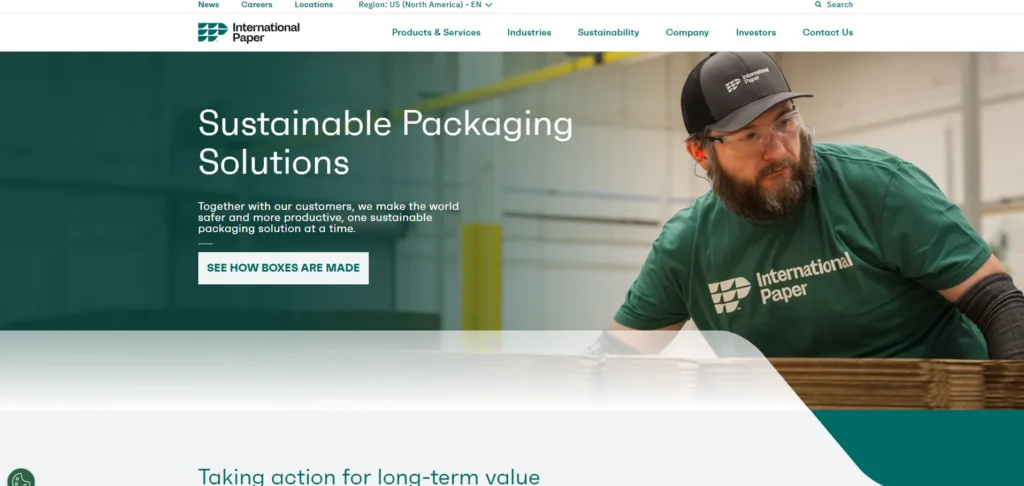 International Paper homepage banner promoting sustainable packaging solutions with a worker in protective gear.