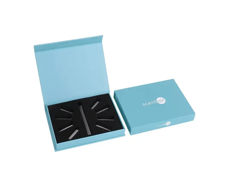Light blue magnetic closure box with foam insert for diffuser or fragrance product packaging