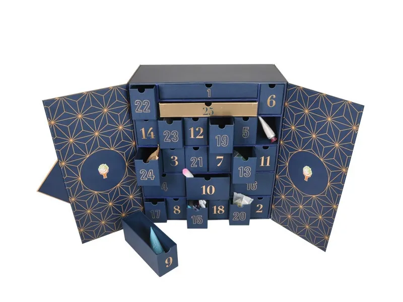 Luxury double-door advent calendar box with numbered drawer compartments for Christmas gifts or beauty products