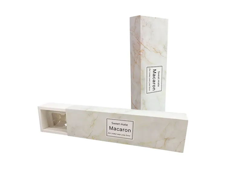 Marble-pattern folding drawer box for macaron packaging with sliding tray and transparent window