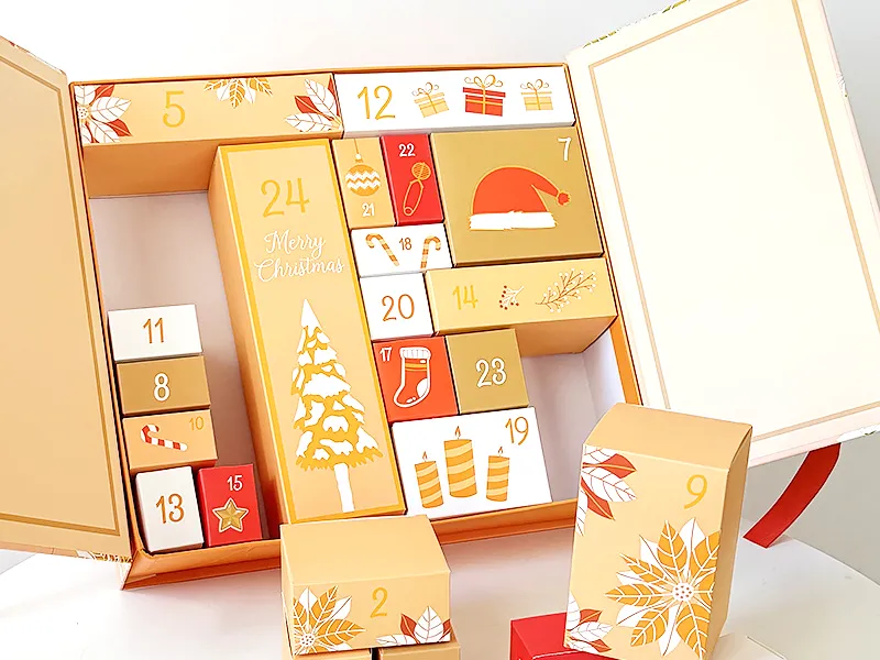 Magnetic advent calendar gift box with small inner paper boxes for Christmas beauty or gift packaging