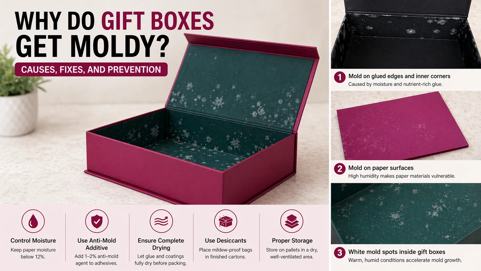Open rigid gift box with visible mold on the inner paper surfaces, illustrating causes and prevention of mold in paper packaging.