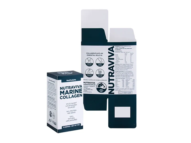 Reverse tuck end supplement carton with finished box and flat layout for marine collagen packaging