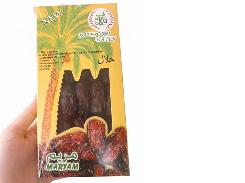 Yellow Maryam dates paper box with clear window and palm tree design