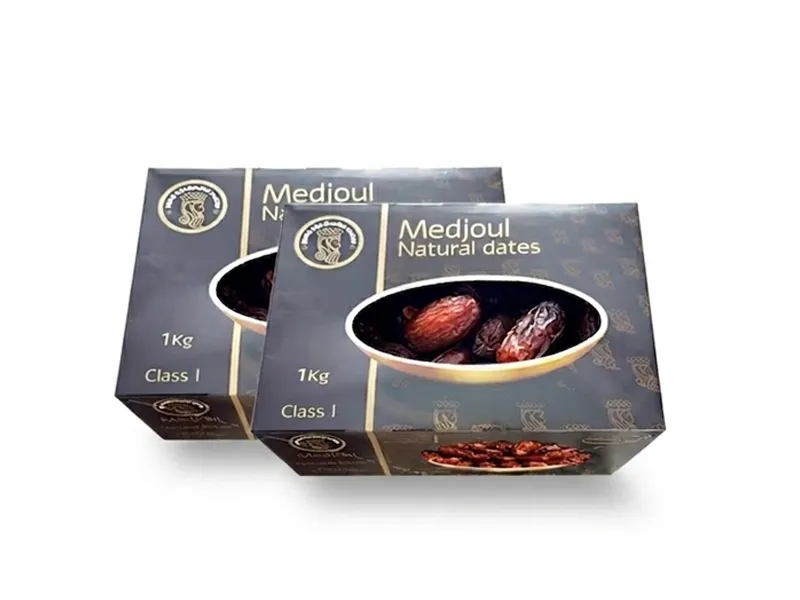 Black Medjoul natural dates paper box packaging with oval window, 1kg Class I