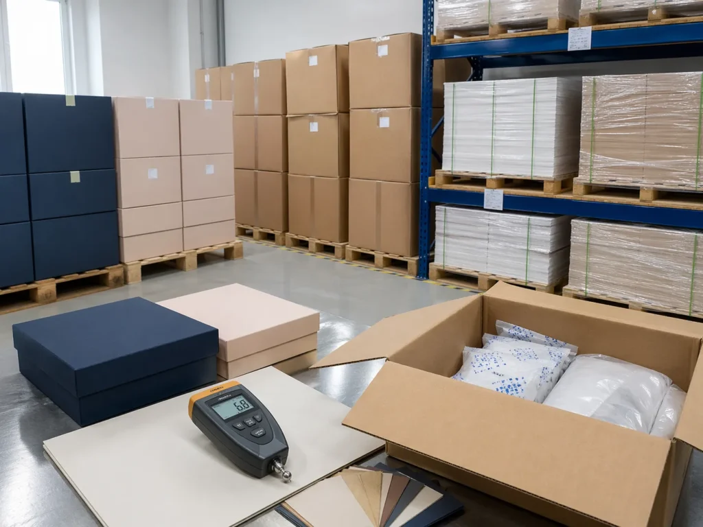 Warehouse view of gift boxes stored on pallets with moisture meters, desiccants, and clean organization showing practical mold prevention solutions.