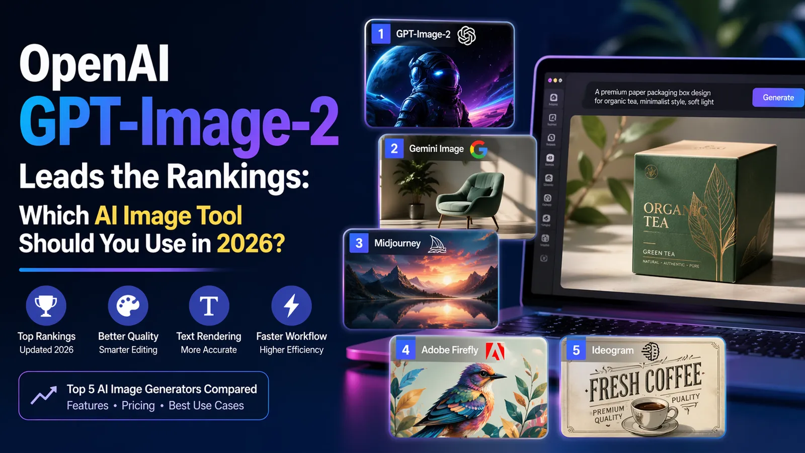 Featured image showing OpenAI GPT-Image-2 leading AI image generator rankings in 2026, with comparison cards for Gemini, Midjourney, Adobe Firefly, and Ideogram beside a packaging design mockup.