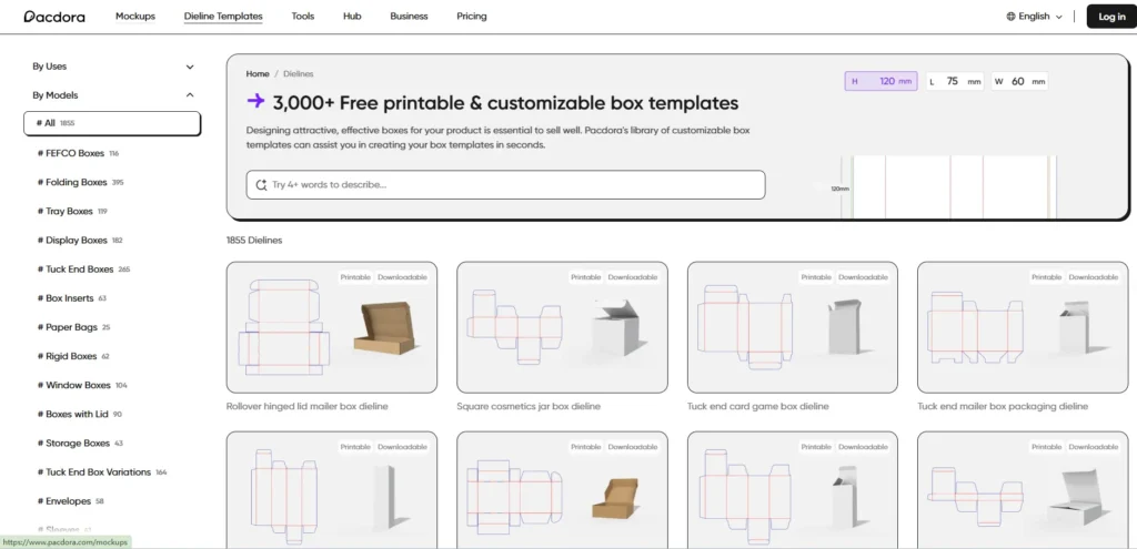 Pacdora dieline template page showing standard box categories, FEFCO box filters, and printable box dieline previews with 3D mockups.