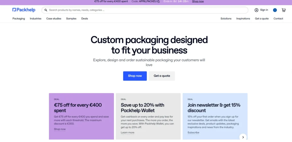 Packhelp homepage showing custom packaging for business with search bar, navigation menu, hero headline, and call-to-action buttons