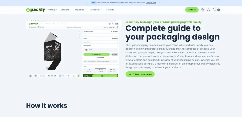 Packly packaging design page showing a 3D box preview, custom packaging settings, downloadable dieline option, and packaging design guide content.