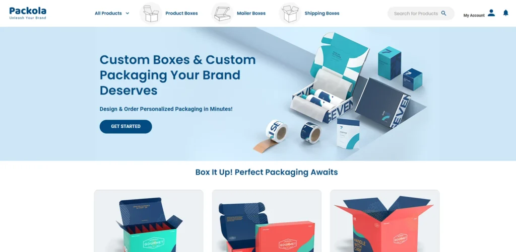 Packola homepage showing custom boxes and packaging with product categories, hero banner, and branded packaging display