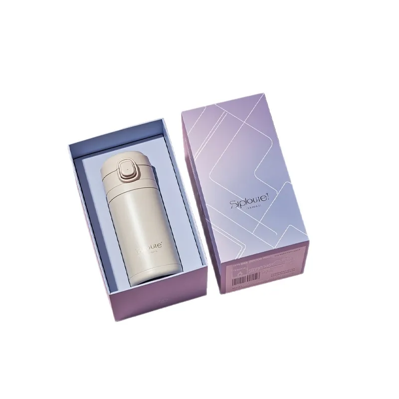 Beige thermos cup in a pastel purple 2-piece rigid gift box with fitted inner insert