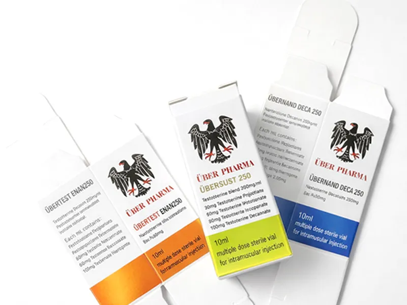 Flat pharmaceutical reverse tuck end cartons with multiple product variants and color-coded design panels