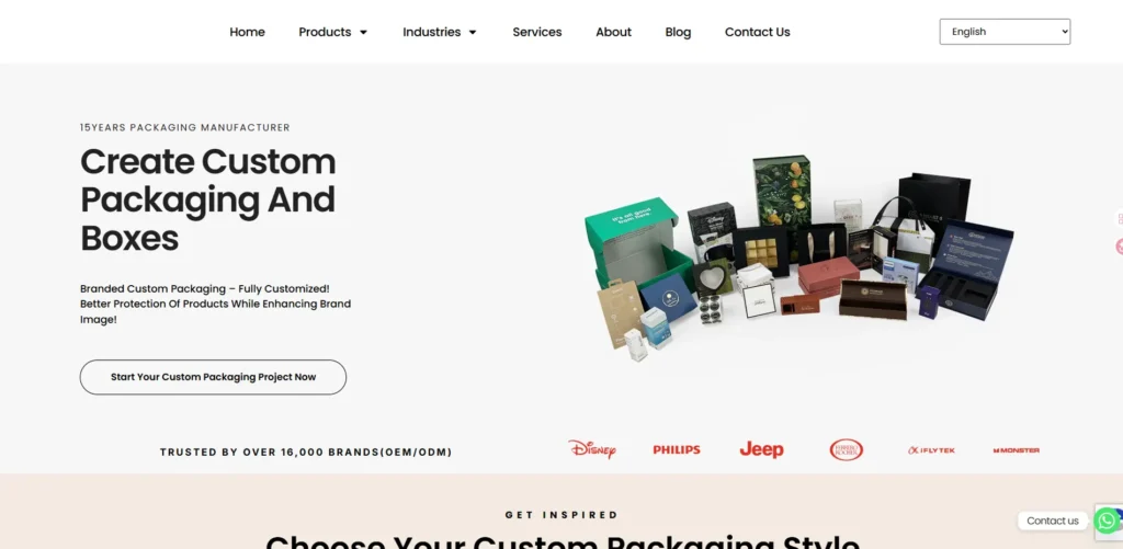 SLD Packing homepage showing custom packaging and boxes with website navigation, hero banner, and packaging product display