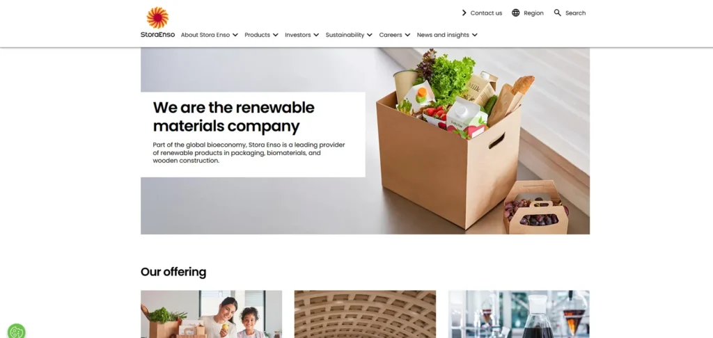 Stora Enso homepage highlighting renewable materials and fiber-based packaging solutions.