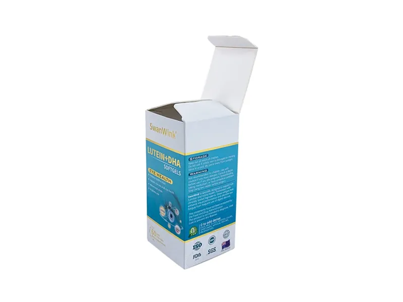 White printed tuck end box for supplement packaging with blue product graphics and open top flap