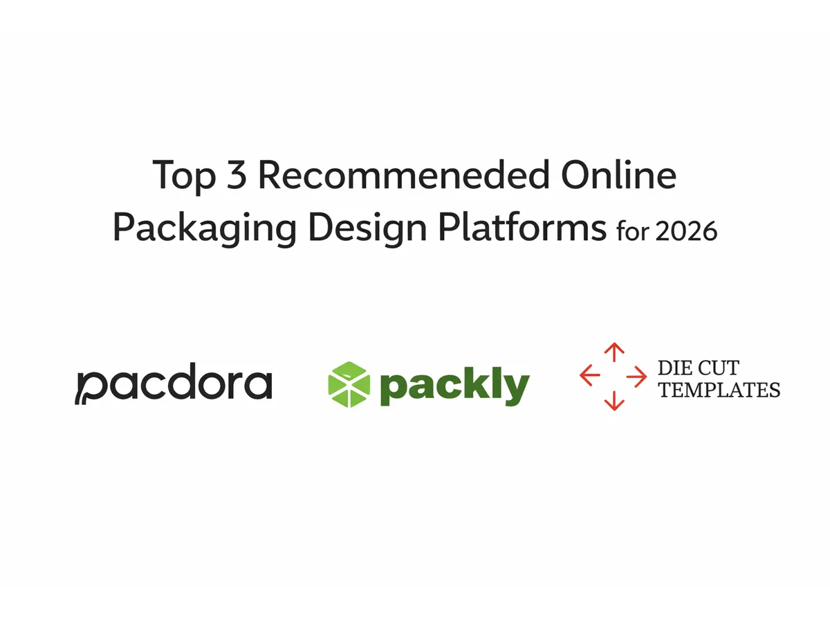 Top 3 recommended online packaging design platforms for 2026 with Pacdora, Packly, and Die Cut Templates logos.