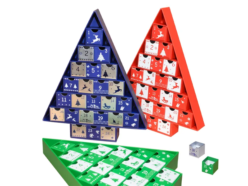 Triangle-shaped advent calendar box with numbered drawers in custom Christmas colors