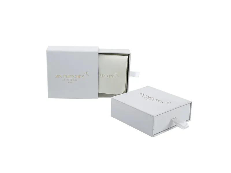 White drawer gift box with ribbon pull tab for jewelry or accessory packaging