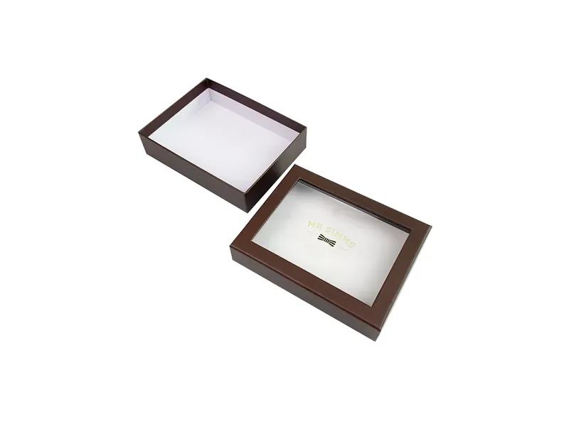 Brown rigid lid and base gift box with transparent window lid and separate base