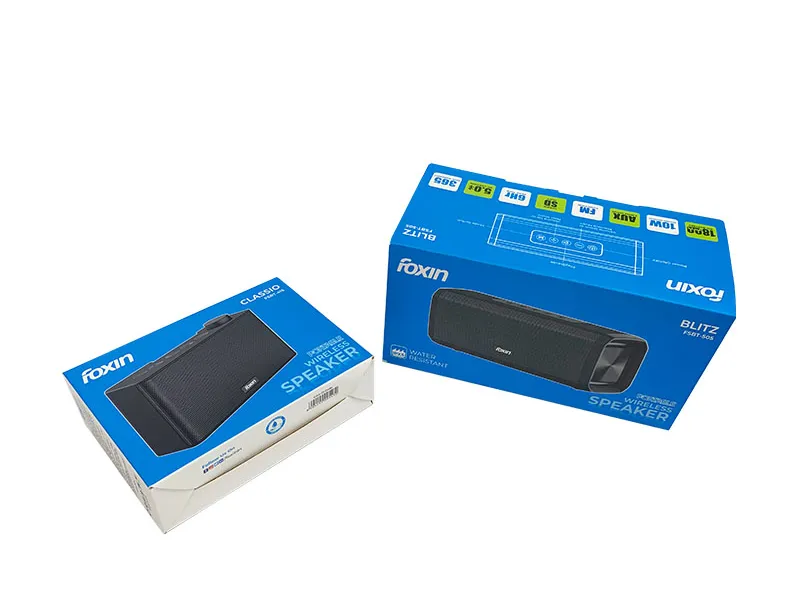 Blue custom snap-lock bottom box for wireless speaker retail packaging