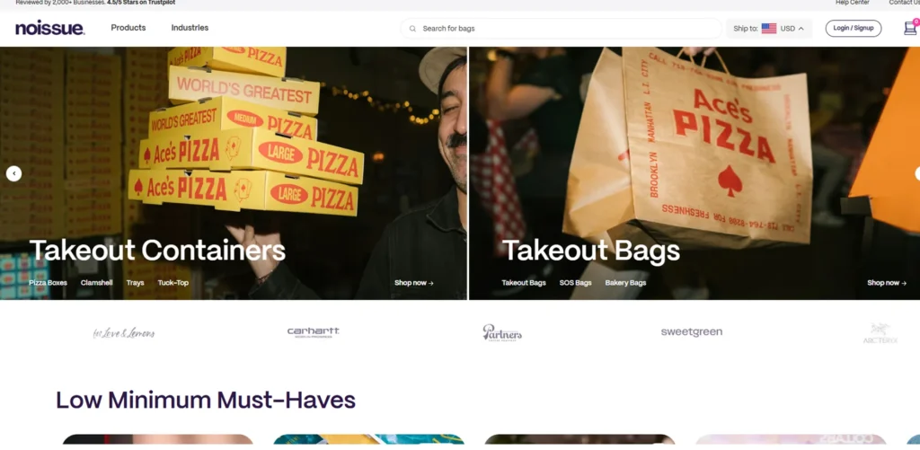 noissue homepage showing takeout containers and takeout bags with branded pizza boxes, paper bags, and low minimum packaging section