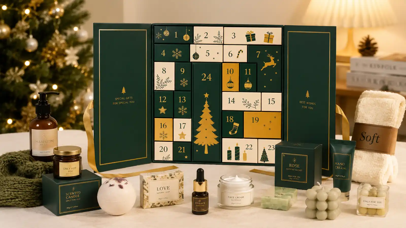 Open double-door Advent calendar with 24 numbered compartments displayed alongside skincare, bath, and scented gift products in a Christmas setting.