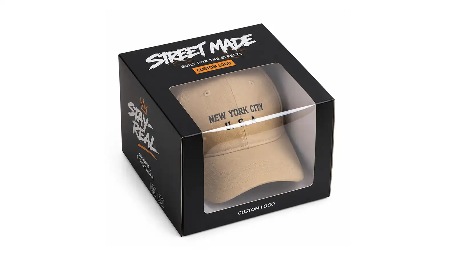Black printed hat box with a transparent front-and-top window showing the beige baseball cap inside