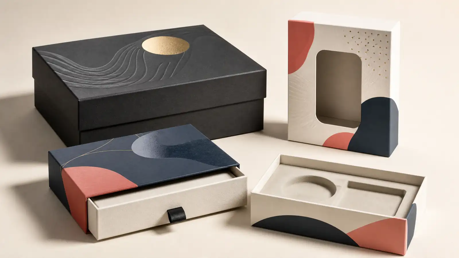 Branded paper packaging with foil, embossing, spot gloss, die-cut details, and custom inserts