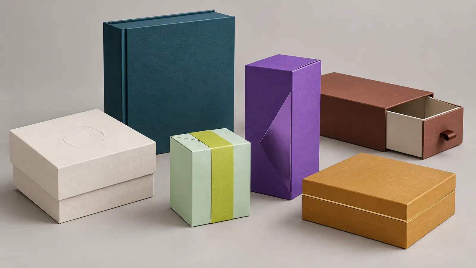 Unbranded paper boxes in soft cream, deep teal, cocoa brown, violet, mint green, and amber tones with varied matte and tactile finishes.