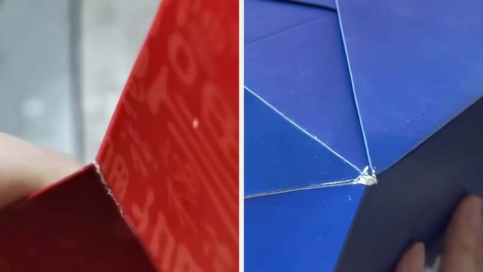 Split close-up of a red paper bag and a blue paper bag showing small white damage along a fold edge and at a crease intersection