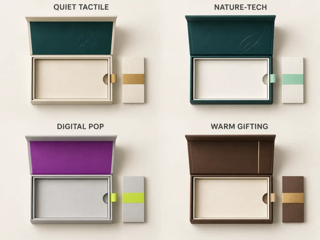 Four coordinated paper packaging sets show dominant, supporting, and accent color roles in quiet, nature-tech, digital, and warm gifting palettes.